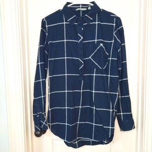 Athleta Navy Blue Windowpane Plaid Presidio Button Up Tunic Lightweight Top XS